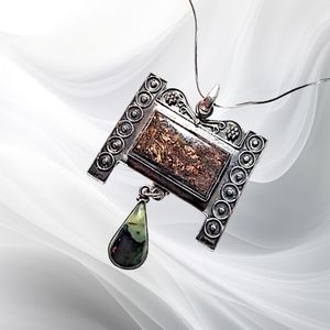.Sterling Silver Pendant w/Brown & Green Jasper Stones and 925 Silver Nec…